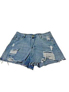Shein Blue Jean Short Women Large Frayed Distressed Cut Off High Rise Light Wash